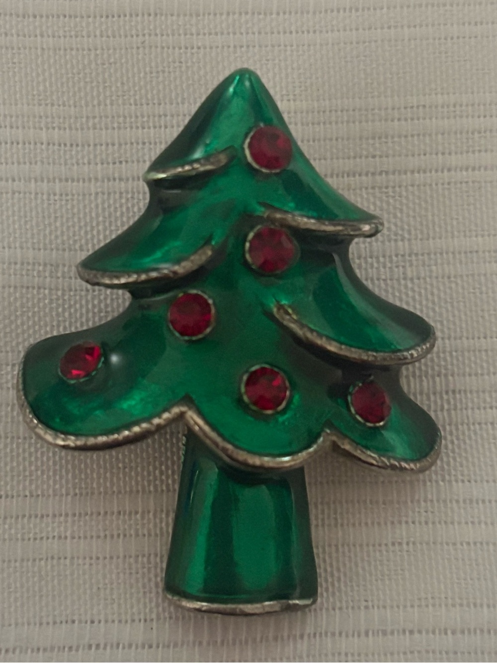 Emerald Enamel Christmas Tree Brooch with Red Stone Accents